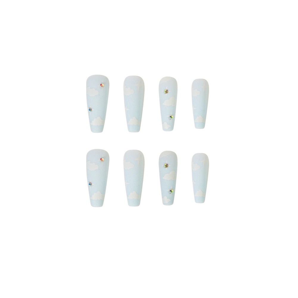 24pcs False Nails with Clouds Print Design Long Coffin Fake Nail Patch Women Full Finished Coffin Ballerina False Nail Patch