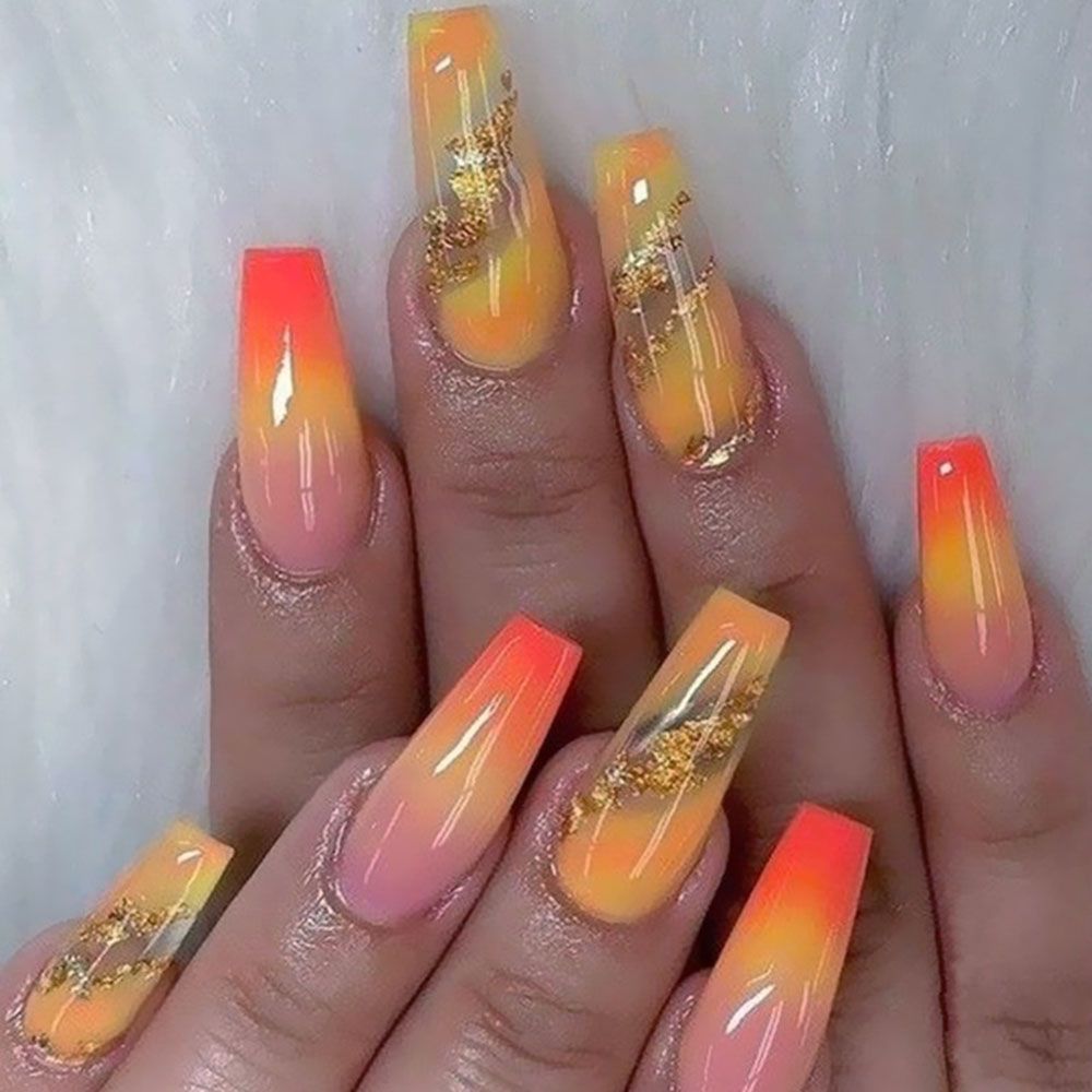 24pcs Long Coffin False Nails Wearable Ballerina Fake Nails Orange gradient gold foil nails Full Cover Nail Tips Press On Nails