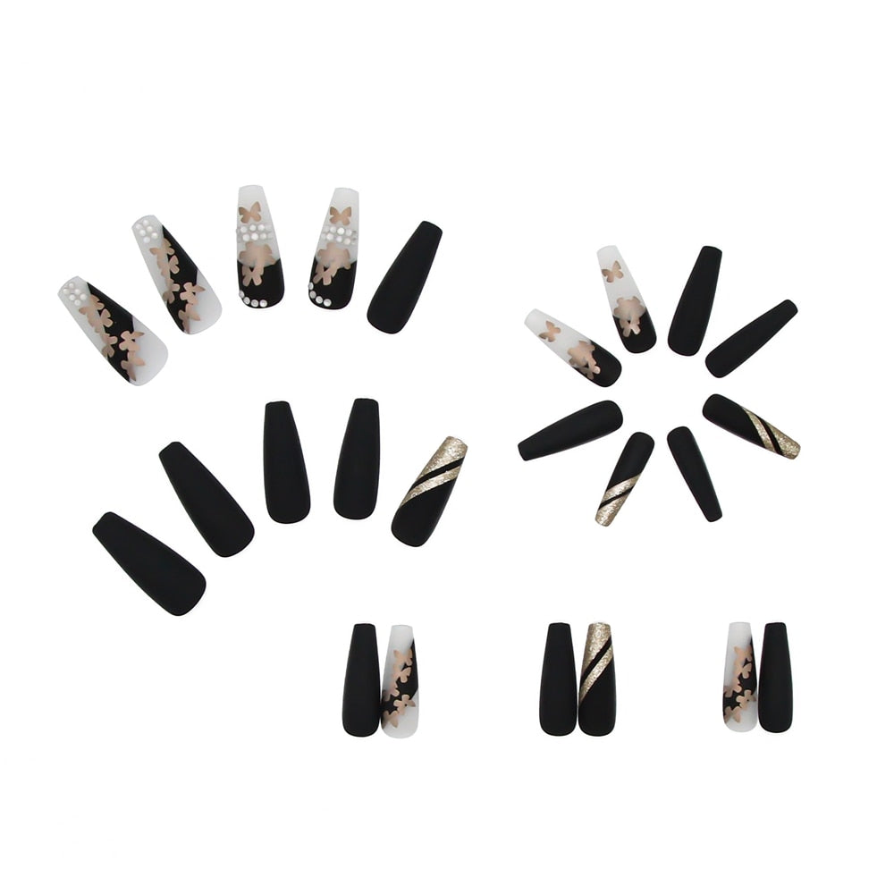 Golden Butterfly Pattern False Nails With Diamond Full cover Fake Nails Glue Manicure Nail Art Tools Long Coffin Ballerina Nails
