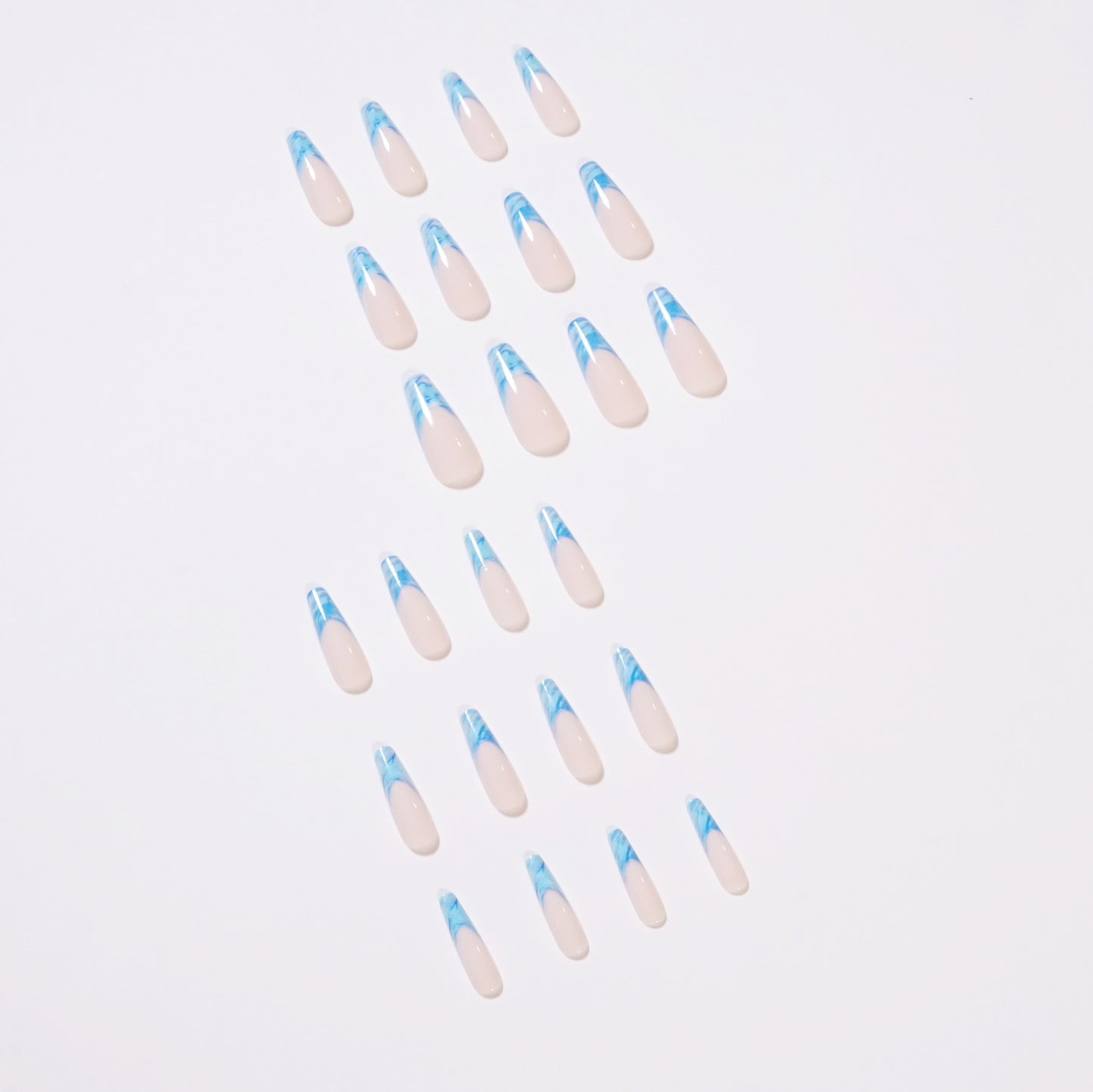 24Pcs/Set Long Coffin Blue Waves Design False Nail French Full Cover Fake Nails Glue DIY Manicure Nail Art Tools Detachable