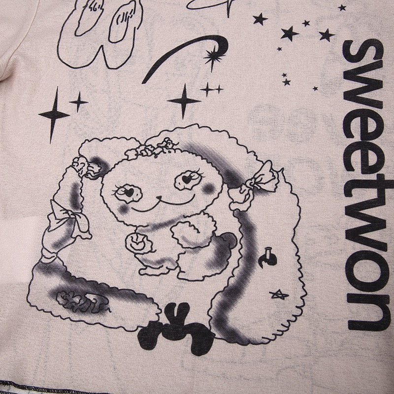 Japanese Harajuku Cartoon Girl Letter Printed T-shirt Girl Y2K Slim Long Sleeve Crop Pink Blouse Fairy Grunge