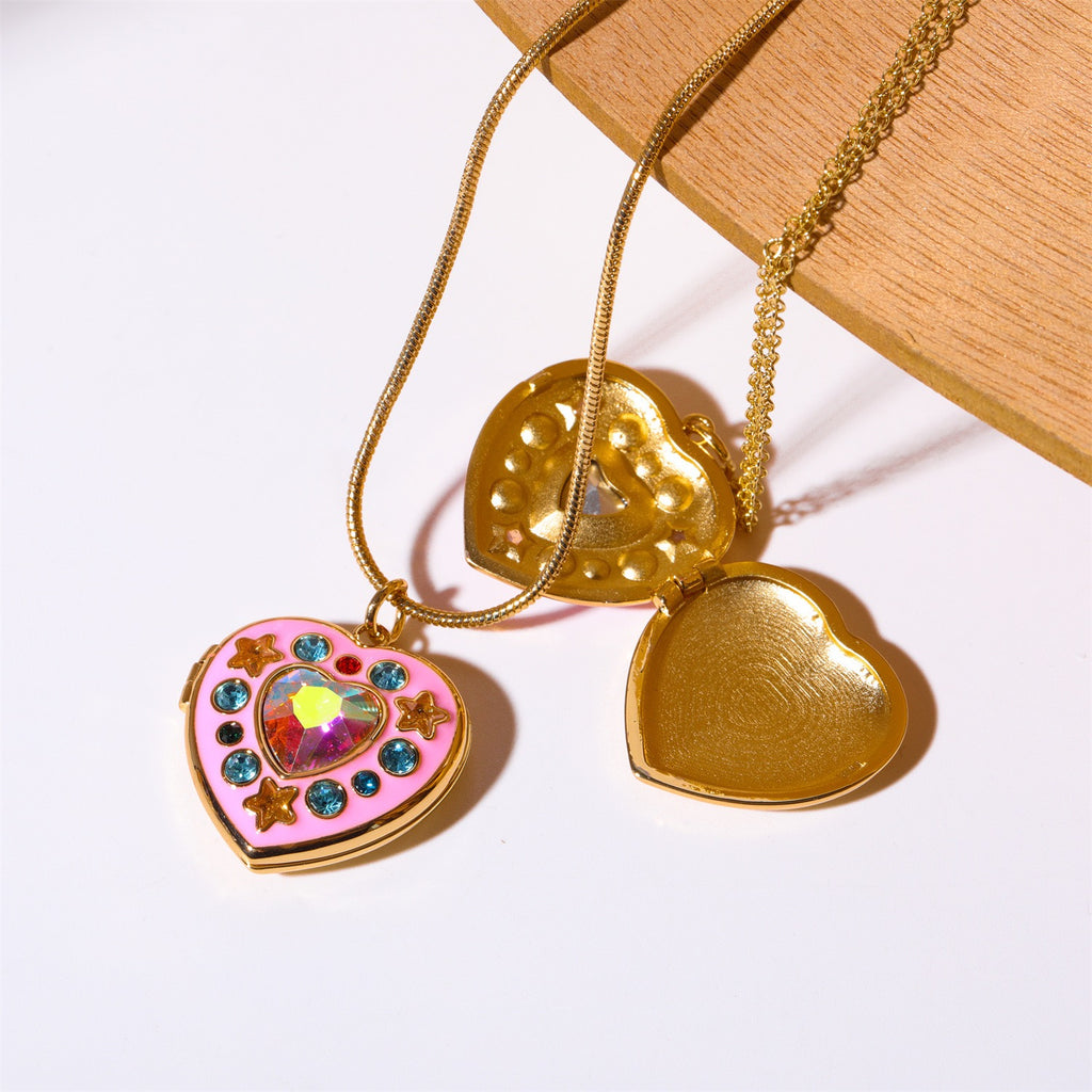 Pink Drip Glaze Heart-shaped Photo Frame Pendant Necklace Charm Colorful Crystal Openable Necklaces Women Men Memorial Jewelry