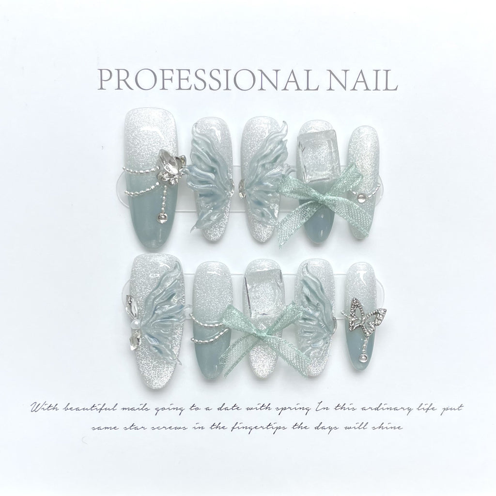 Handmade False Nails Cat's Eye Blue Iceing Translucent Pink Tender French Short Press On Fake False Nails Art False Nail Tips