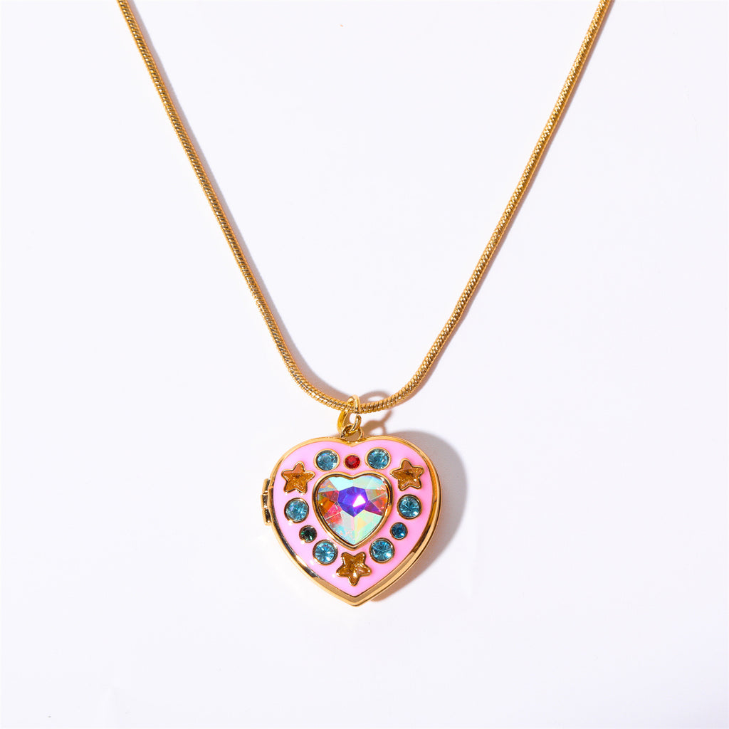 Pink Drip Glaze Heart-shaped Photo Frame Pendant Necklace Charm Colorful Crystal Openable Necklaces Women Men Memorial Jewelry