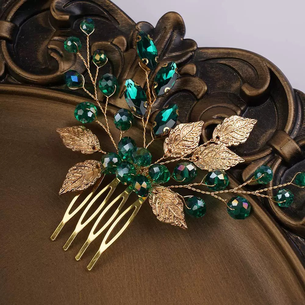 Green leaf Wedding Sapphire Blue Bridal Hair Comb Hairpiece
