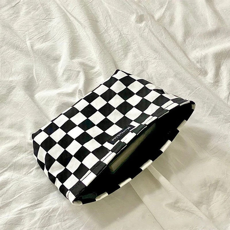Black and White Plaid Makeup Bag Large Capacity Cosmetics Storage Bags Portable Checkerboard Toiletry Bag