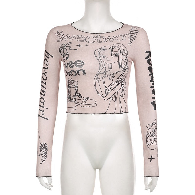Japanese Harajuku Cartoon Girl Letter Printed T-shirt Girl Y2K Slim Long Sleeve Crop Pink Blouse Fairy Grunge