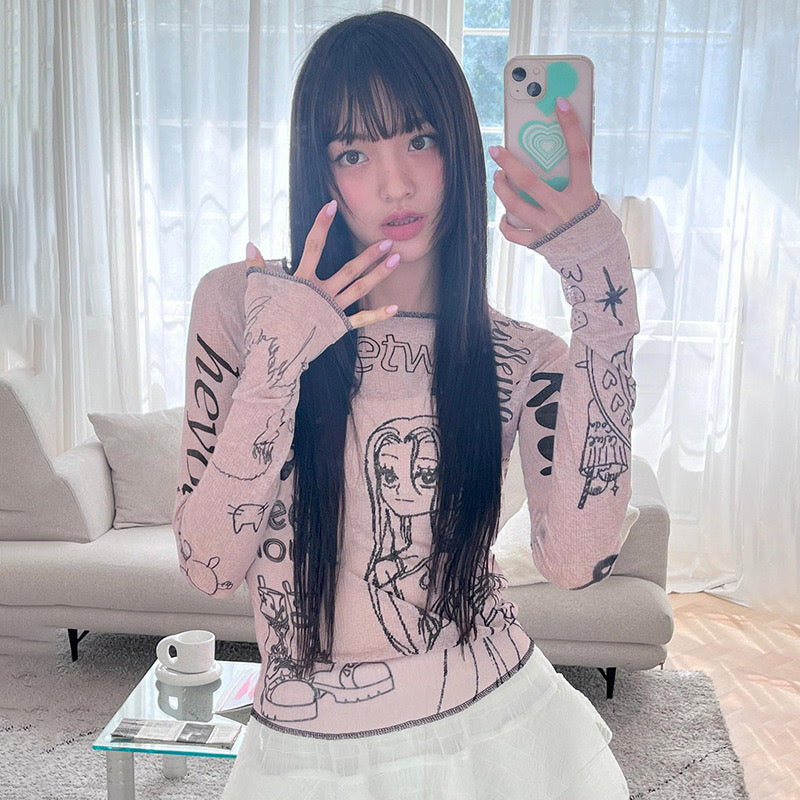 Japanese Harajuku Cartoon Girl Letter Printed T-shirt Girl Y2K Slim Long Sleeve Crop Pink Blouse Fairy Grunge