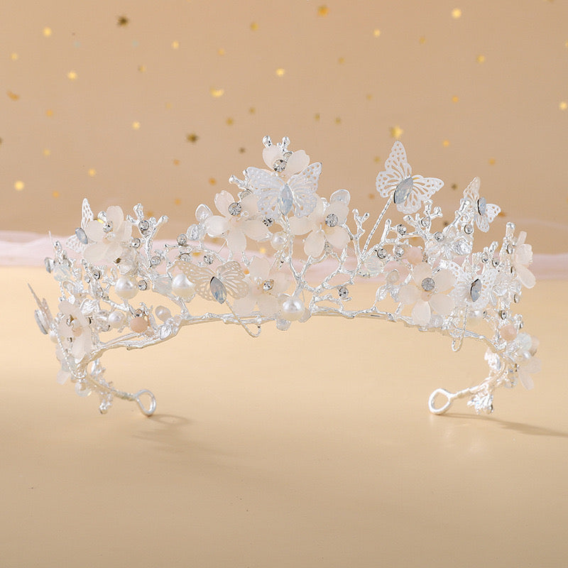 Butterfly silver tiara headband pearl jewelry accessories wedding crown bridesmaids gifts