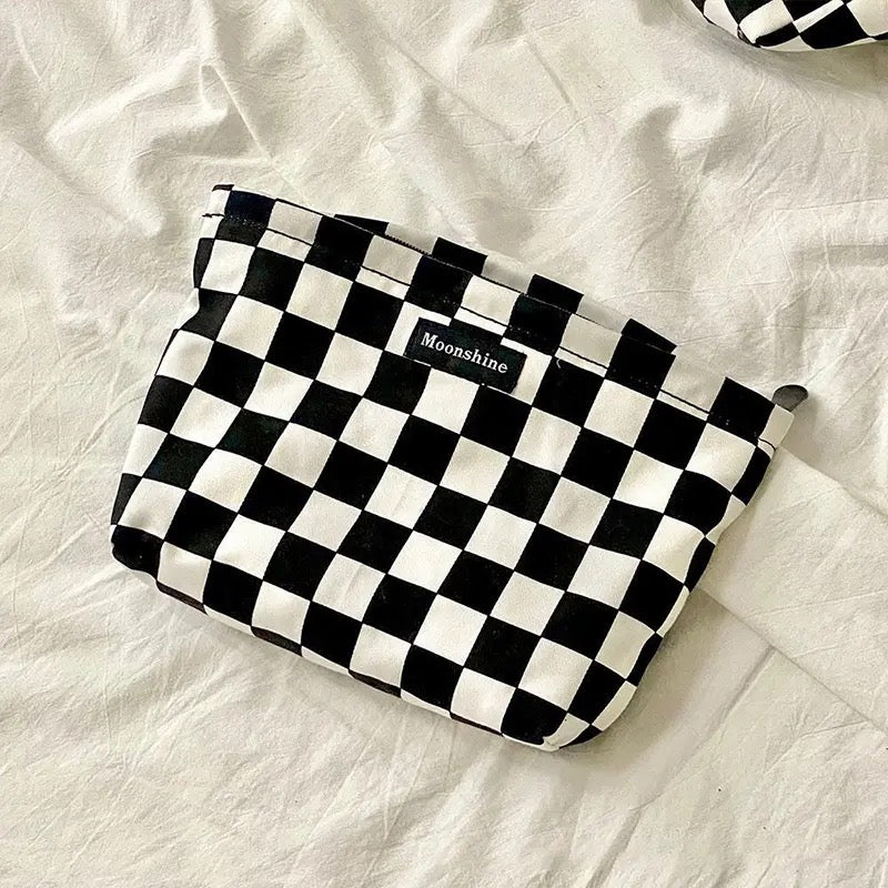 Black and White Plaid Makeup Bag Large Capacity Cosmetics Storage Bags Portable Checkerboard Toiletry Bag