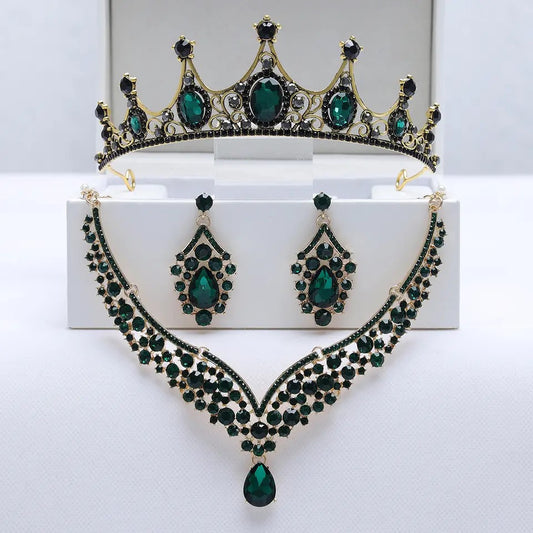 Baroque Vintage Green Crystal Heart Bridal Jewelry Sets Rhinestone Tiaras Crown Stud Earrings Necklace Wedding Dubai Jewelry Set