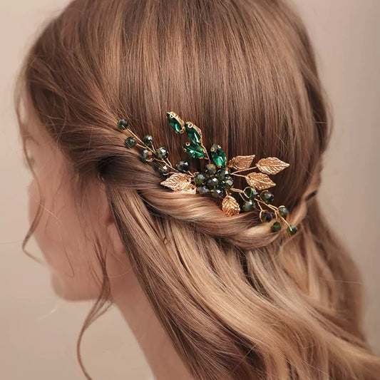 Green leaf Wedding Sapphire Blue Bridal Hair Comb Hairpiece