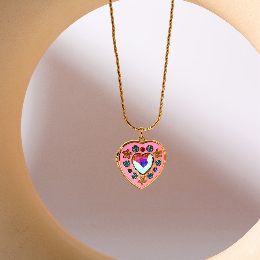 Pink Drip Glaze Heart-shaped Photo Frame Pendant Necklace Charm Colorful Crystal Openable Necklaces Women Men Memorial Jewelry