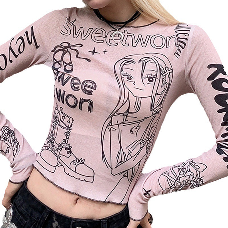 Japanese Harajuku Cartoon Girl Letter Printed T-shirt Girl Y2K Slim Long Sleeve Crop Pink Blouse Fairy Grunge