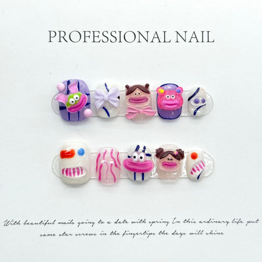 Press on nails handmade cute & ugly cartoon pattern nails art fake nails