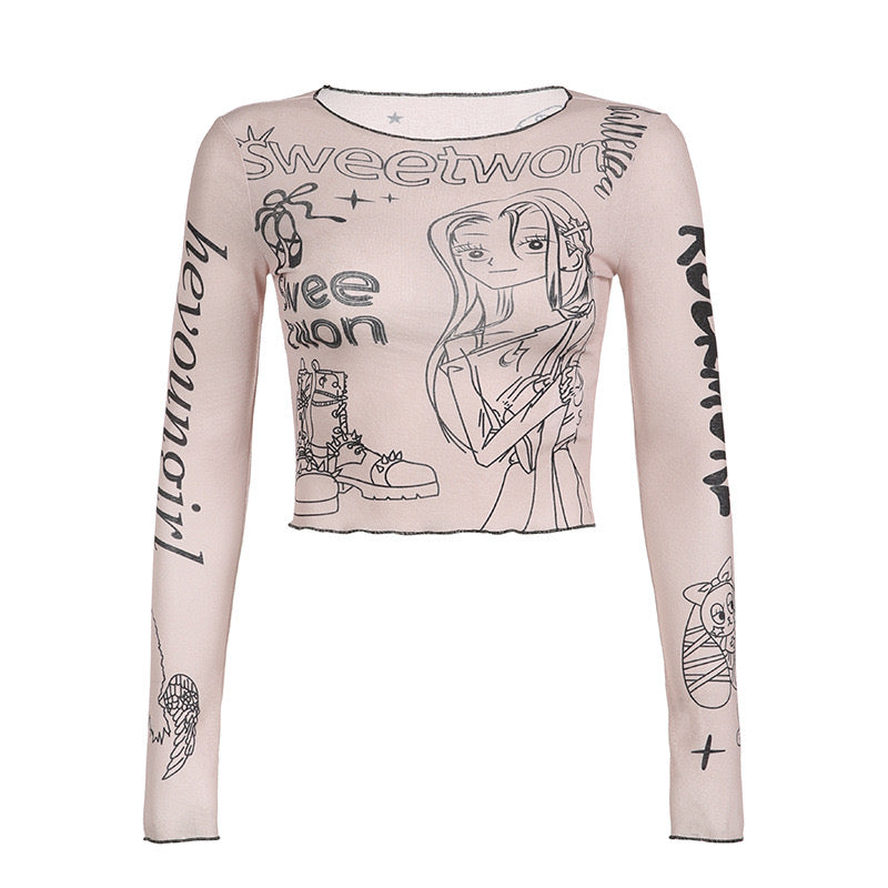 Japanese Harajuku Cartoon Girl Letter Printed T-shirt Girl Y2K Slim Long Sleeve Crop Pink Blouse Fairy Grunge