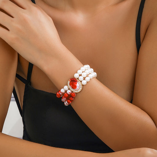 Goth Creative Red Blood Pattern Imitation Pearl Chain Bracelet for Women Punk Long Tassel Beads Pendant Halloween Wed Jewelry