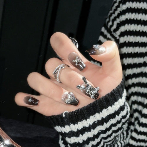 Handmade press on nails gothic punk black rabbit fake nails art tips cute