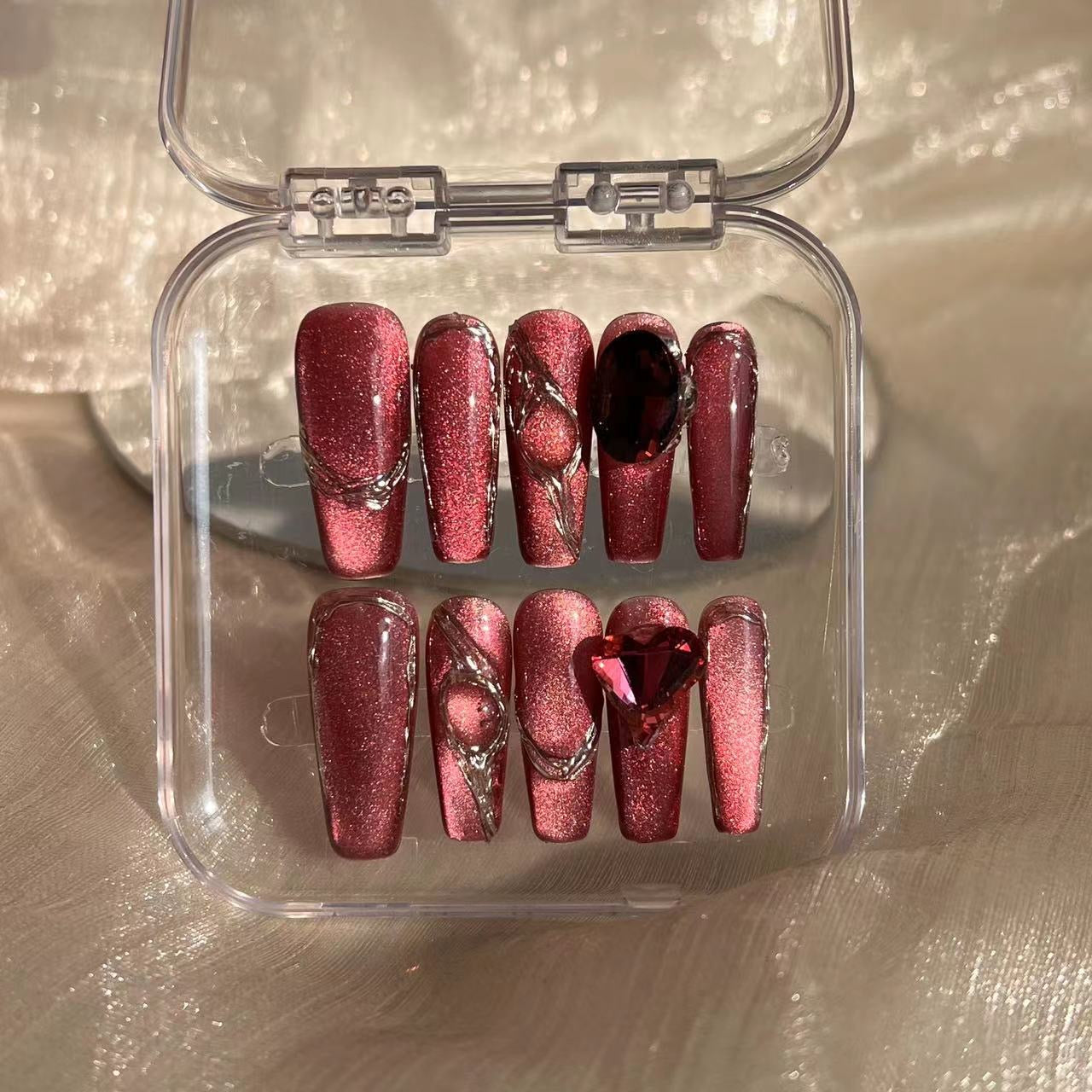 Love Heart Red Pink French Long Fake Nails Valentine's Day Detachable Finished False Nails Press on Nails