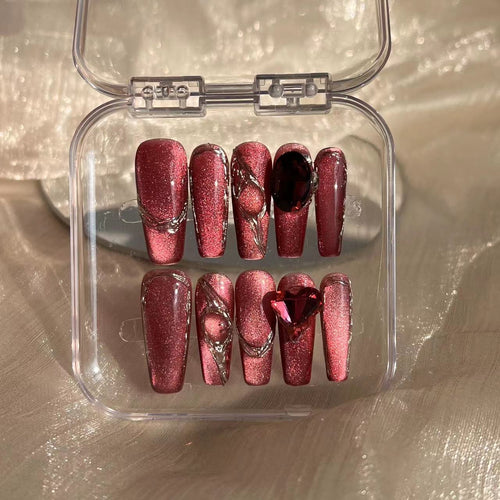 Love Heart Red Pink French Long Fake Nails Valentine's Day Detachable Finished False Nails Press on Nails