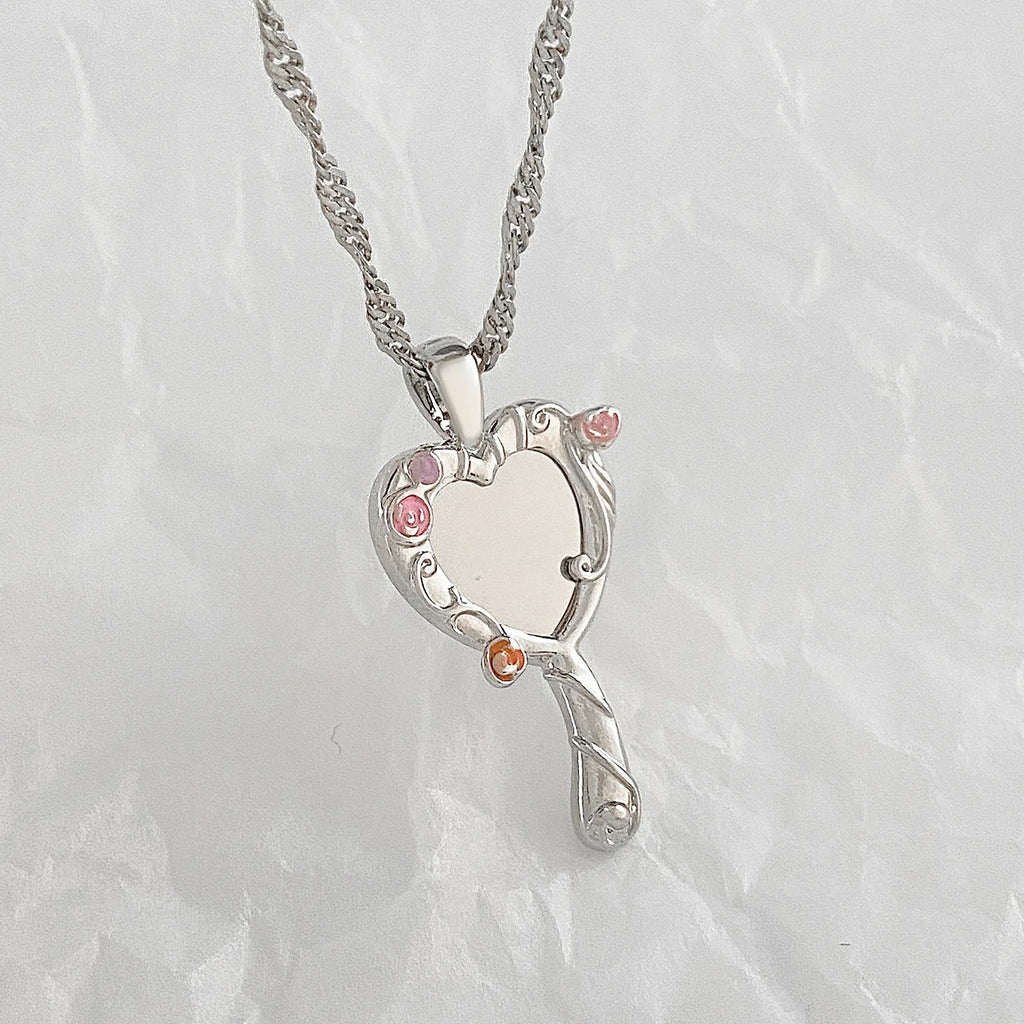 Unique Mirrored Pendant Necklace Heart Mirrored Charm Clavicle Chain for Women