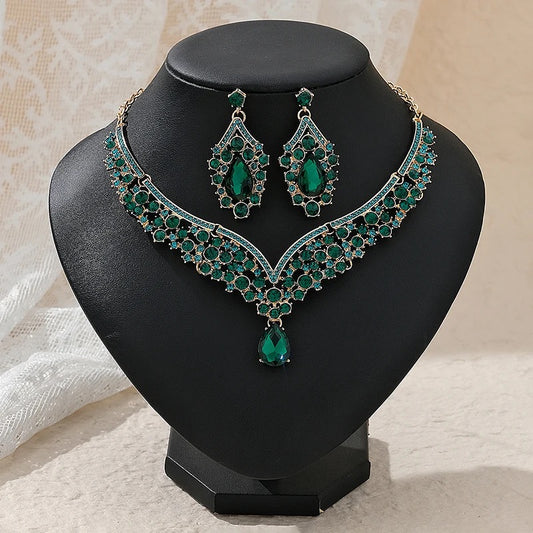 Leaf Jewelry Sets Bridal Gold Color Necklace Earrings Green Water Drop Crystal For Women Fashion Jewelry Set Accessories