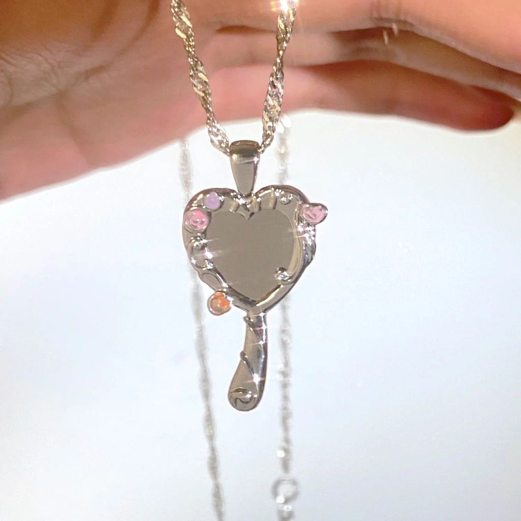 Unique Mirrored Pendant Necklace Heart Mirrored Charm Clavicle Chain for Women