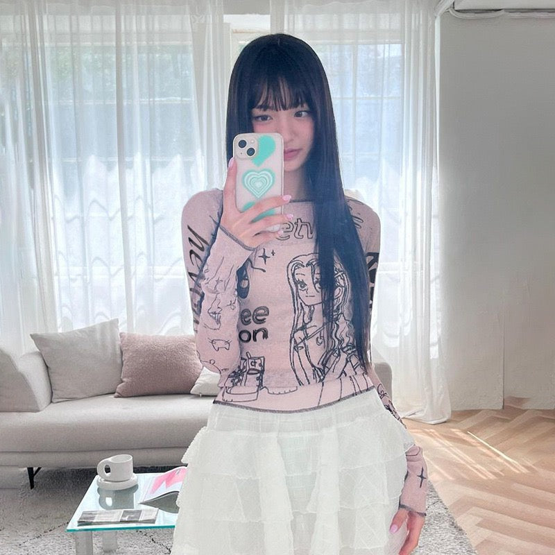 Japanese Harajuku Cartoon Girl Letter Printed T-shirt Girl Y2K Slim Long Sleeve Crop Pink Blouse Fairy Grunge