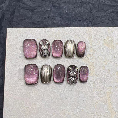 10Pcs Naked Cat Eye Press On Nails Laser Bear Decoration Fake Nails Short Full Cover False Nail Wearable Manicure Nail Tips
