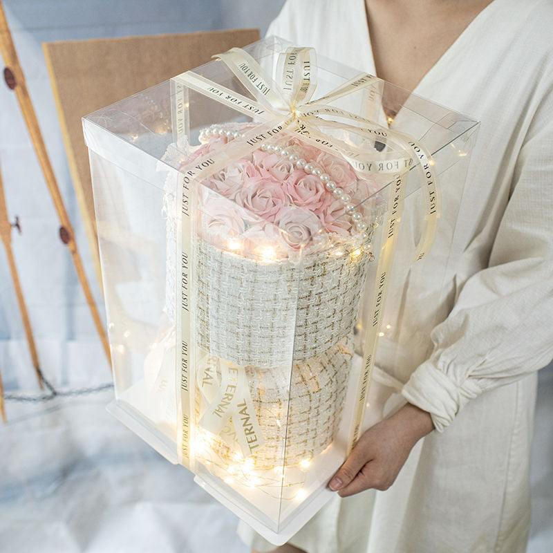 Rose with Clear Gift Box And Light, Led Soap Flower Bouquet Valentines Day Gifts Business Gifts Christmas Gift Set Bridesmaids Gifts Boyfriend Gift Mother's Day