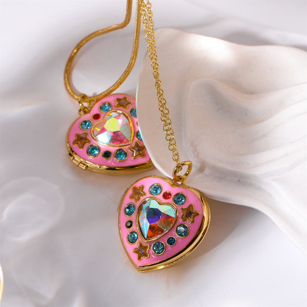 Pink Drip Glaze Heart-shaped Photo Frame Pendant Necklace Charm Colorful Crystal Openable Necklaces Women Men Memorial Jewelry