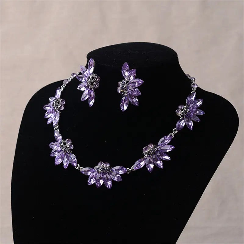 Bridal Purple Jewelry Sets for Women Fashion Flower Statement Necklace and Earring Set Wedding Party,Swarovski