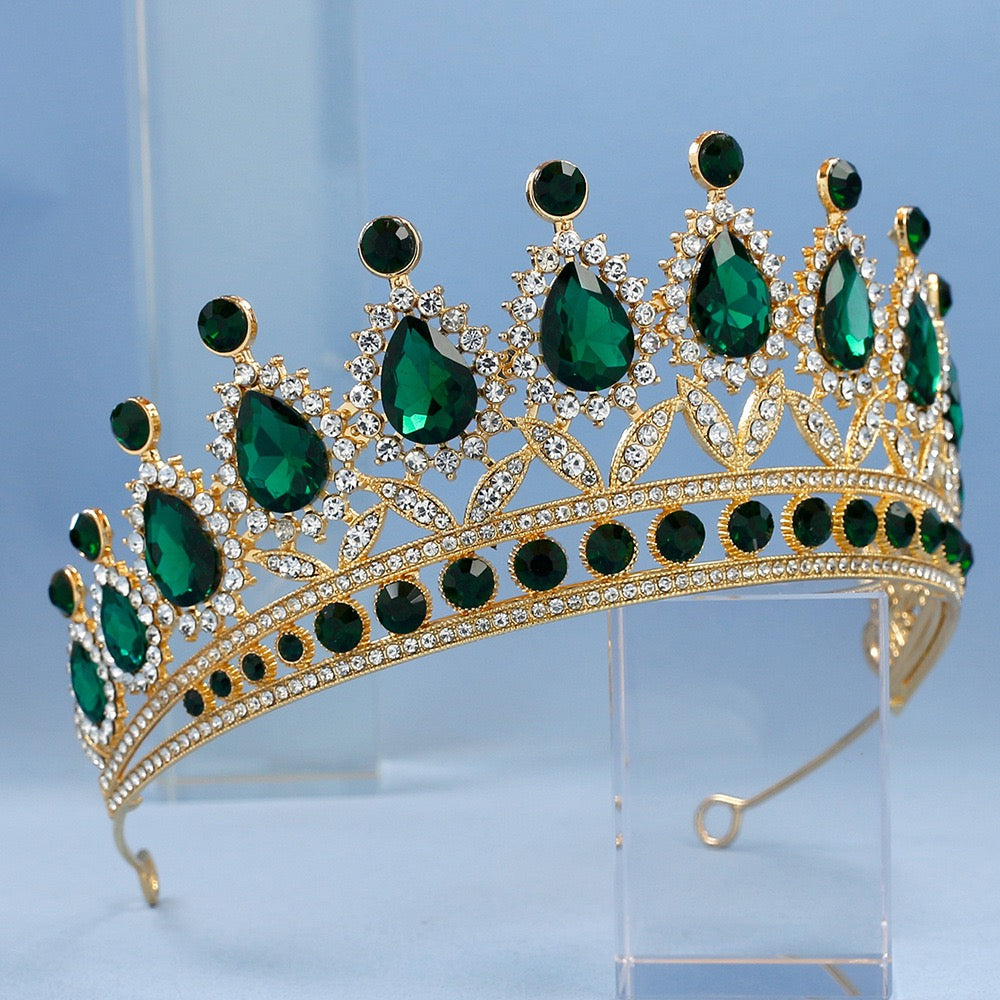 Green Crystal Tiaras and Crowns for Women Wedding Bridal Hair Accessories Baroque Vintage Rhinestone Head Jewelry Diadems