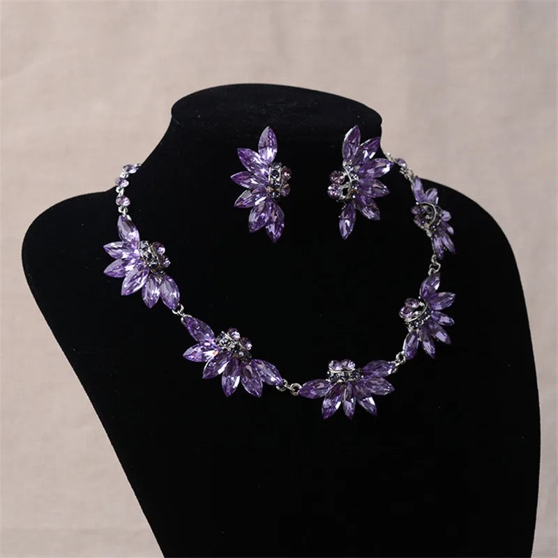 Bridal Purple Jewelry Sets for Women Fashion Flower Statement Necklace and Earring Set Wedding Party,Swarovski