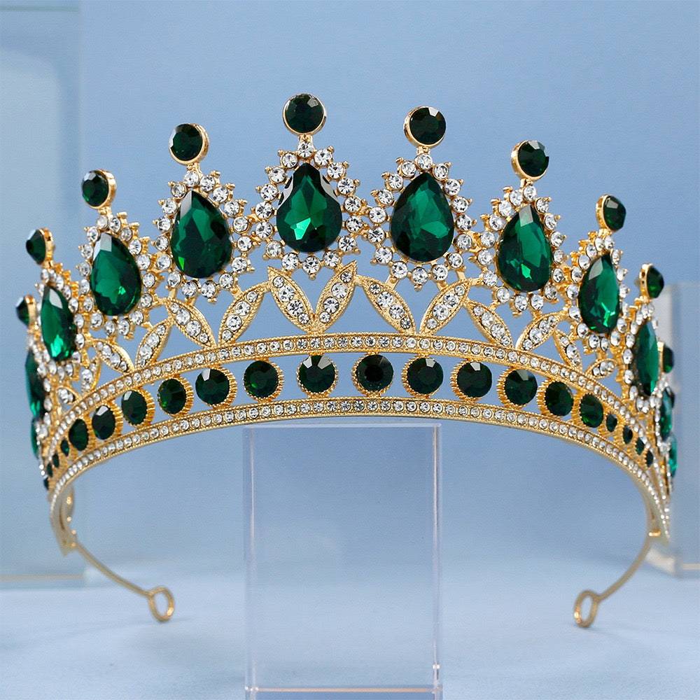 Green Crystal Tiaras and Crowns for Women Wedding Bridal Hair Accessories Baroque Vintage Rhinestone Head Jewelry Diadems