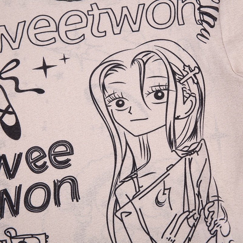 Japanese Harajuku Cartoon Girl Letter Printed T-shirt Girl Y2K Slim Long Sleeve Crop Pink Blouse Fairy Grunge