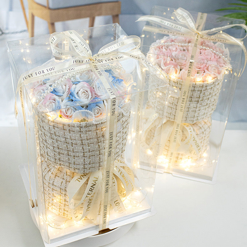 Rose with Clear Gift Box And Light, Led Soap Flower Bouquet Valentines Day Gifts Business Gifts Christmas Gift Set Bridesmaids Gifts Boyfriend Gift Mother's Day