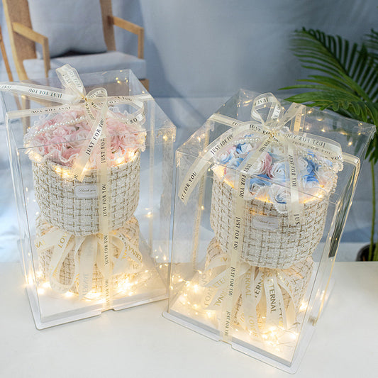 Rose with Clear Gift Box And Light, Led Soap Flower Bouquet Valentines Day Gifts Business Gifts Christmas Gift Set Bridesmaids Gifts Boyfriend Gift Mother's Day