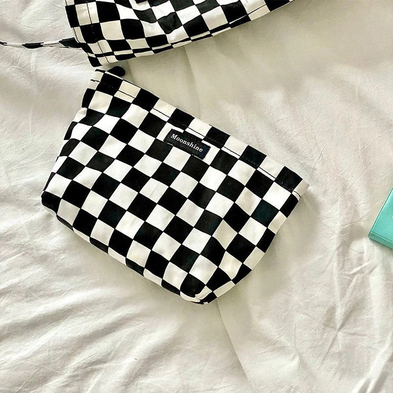 Black and White Plaid Makeup Bag Large Capacity Cosmetics Storage Bags Portable Checkerboard Toiletry Bag