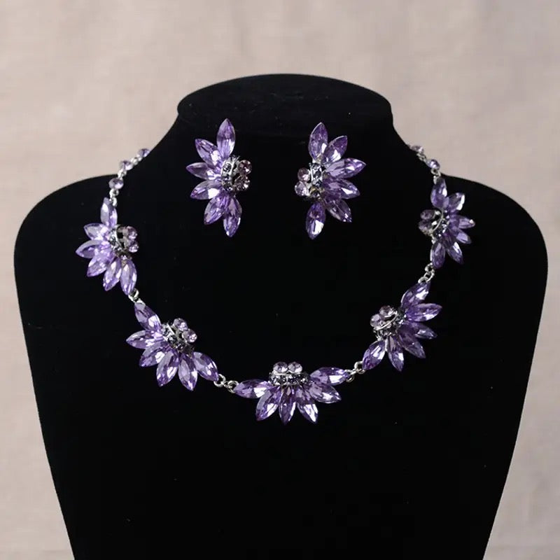 Bridal Purple Jewelry Sets for Women Fashion Flower Statement Necklace and Earring Set Wedding Party,Swarovski