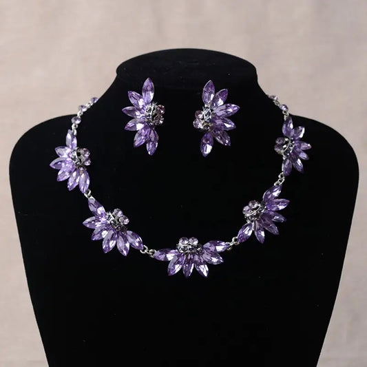 Bridal Purple Jewelry Sets for Women Fashion Flower Statement Necklace and Earring Set Wedding Party,Swarovski