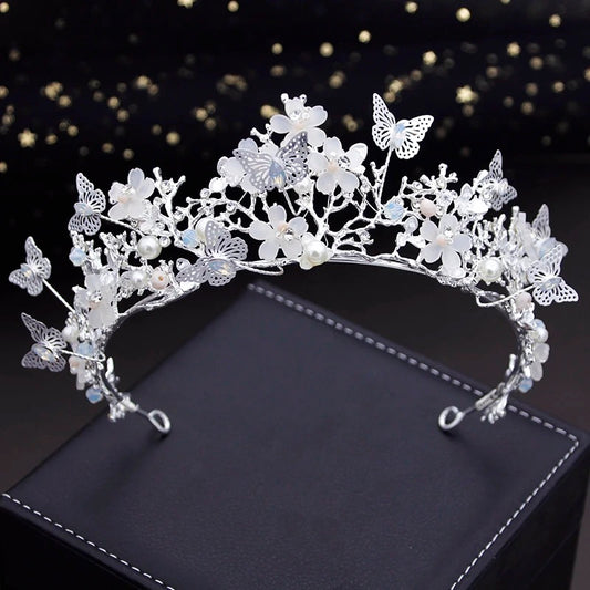 Butterfly silver tiara headband pearl jewelry accessories wedding crown bridesmaids gifts