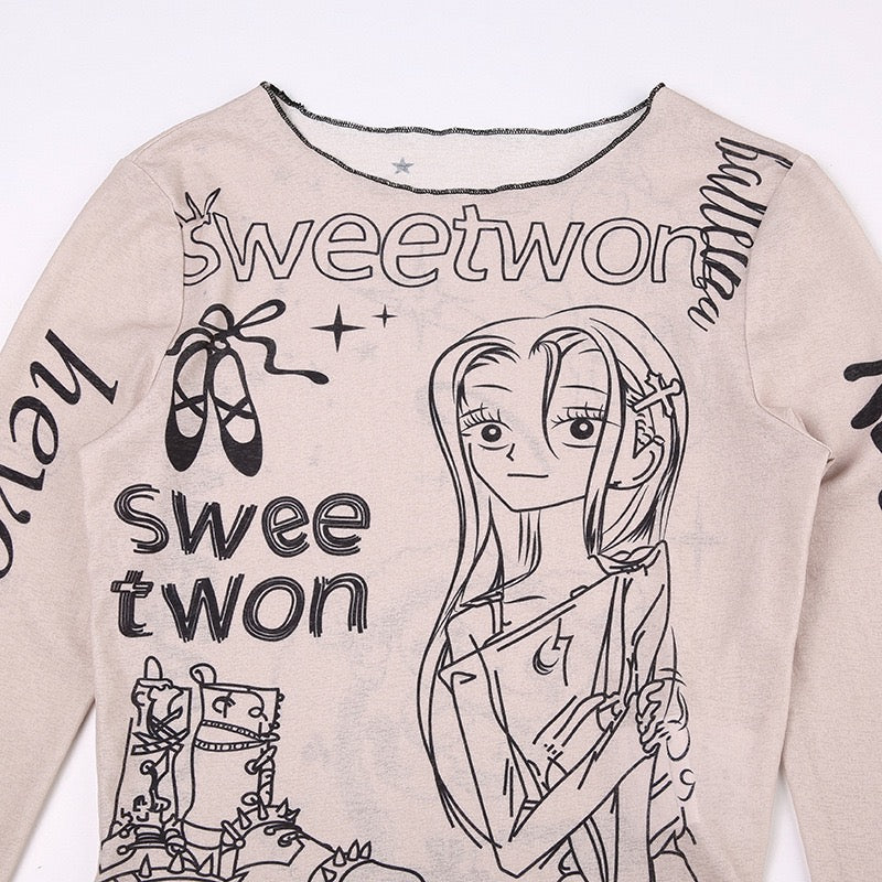 Japanese Harajuku Cartoon Girl Letter Printed T-shirt Girl Y2K Slim Long Sleeve Crop Pink Blouse Fairy Grunge