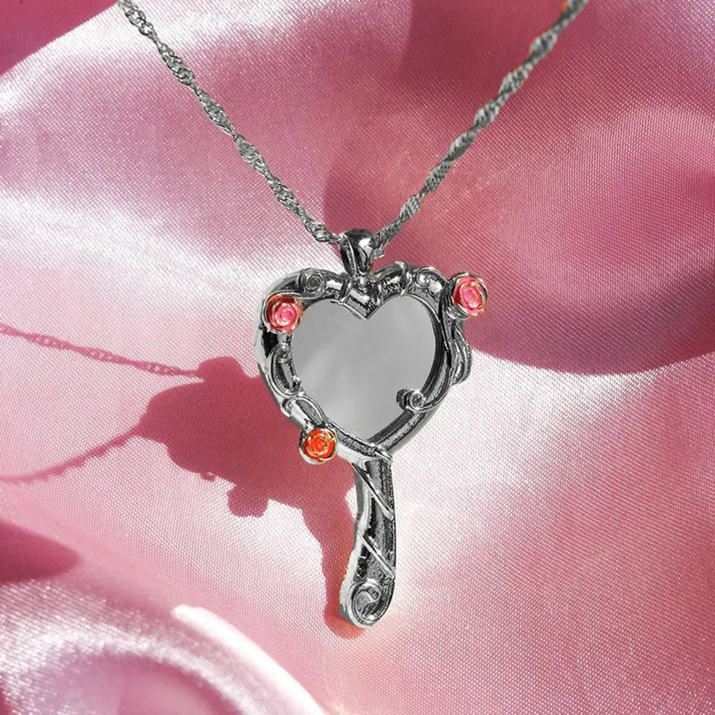 Unique Mirrored Pendant Necklace Heart Mirrored Charm Clavicle Chain for Women