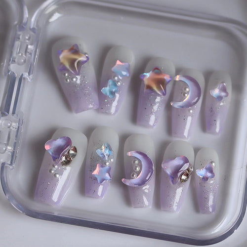 Handmade Press on Nails Violet Large Crystal Diamond Halo Dyeing Brilliant Colors Reusable Fake Nails Noble Purple Qi Middle Model Type