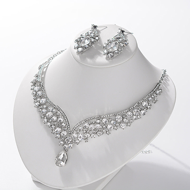 Luxury Silver Color Crystal Flowers Bridal Jewelry Set For Women Statement Necklace Earring Rhinestone Tiara Wedding Accessories