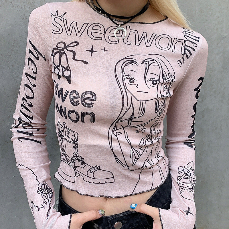 Japanese Harajuku Cartoon Girl Letter Printed T-shirt Girl Y2K Slim Long Sleeve Crop Pink Blouse Fairy Grunge