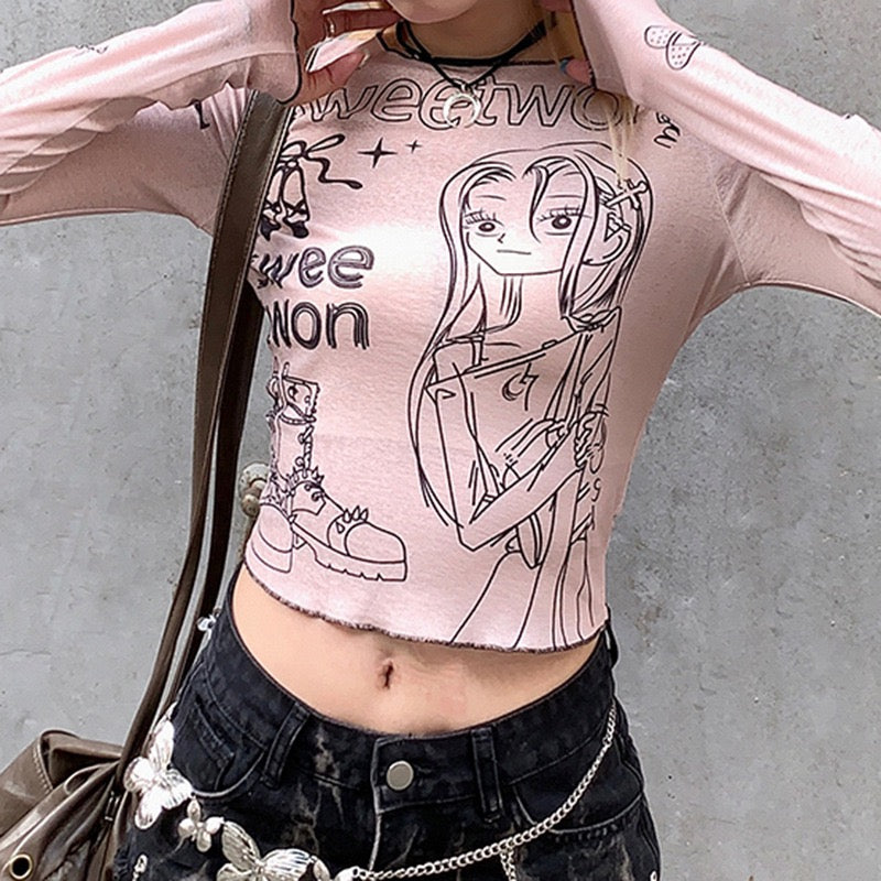 Japanese Harajuku Cartoon Girl Letter Printed T-shirt Girl Y2K Slim Long Sleeve Crop Pink Blouse Fairy Grunge