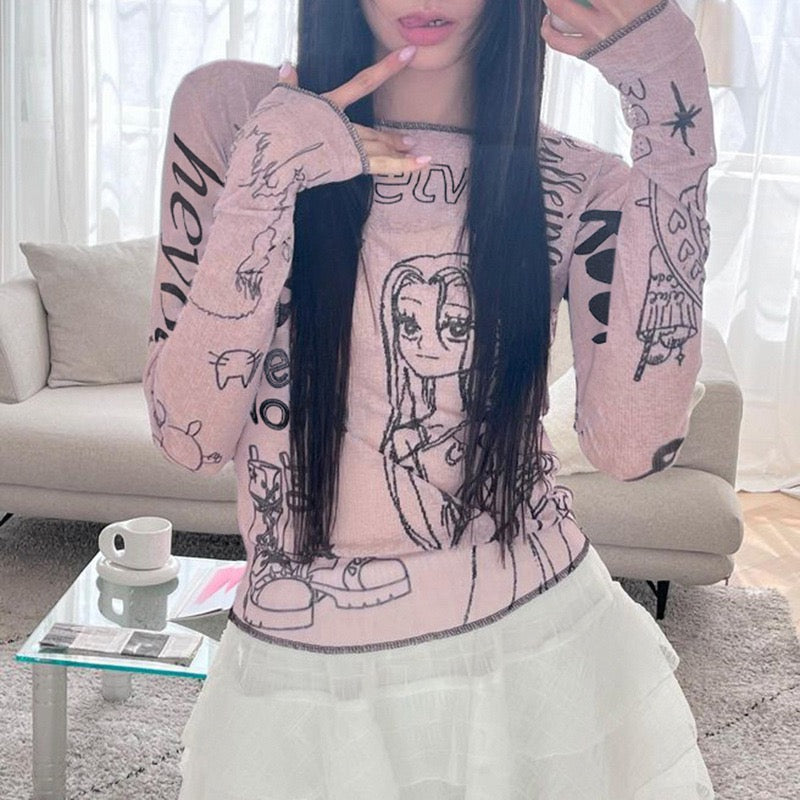 Japanese Harajuku Cartoon Girl Letter Printed T-shirt Girl Y2K Slim Long Sleeve Crop Pink Blouse Fairy Grunge