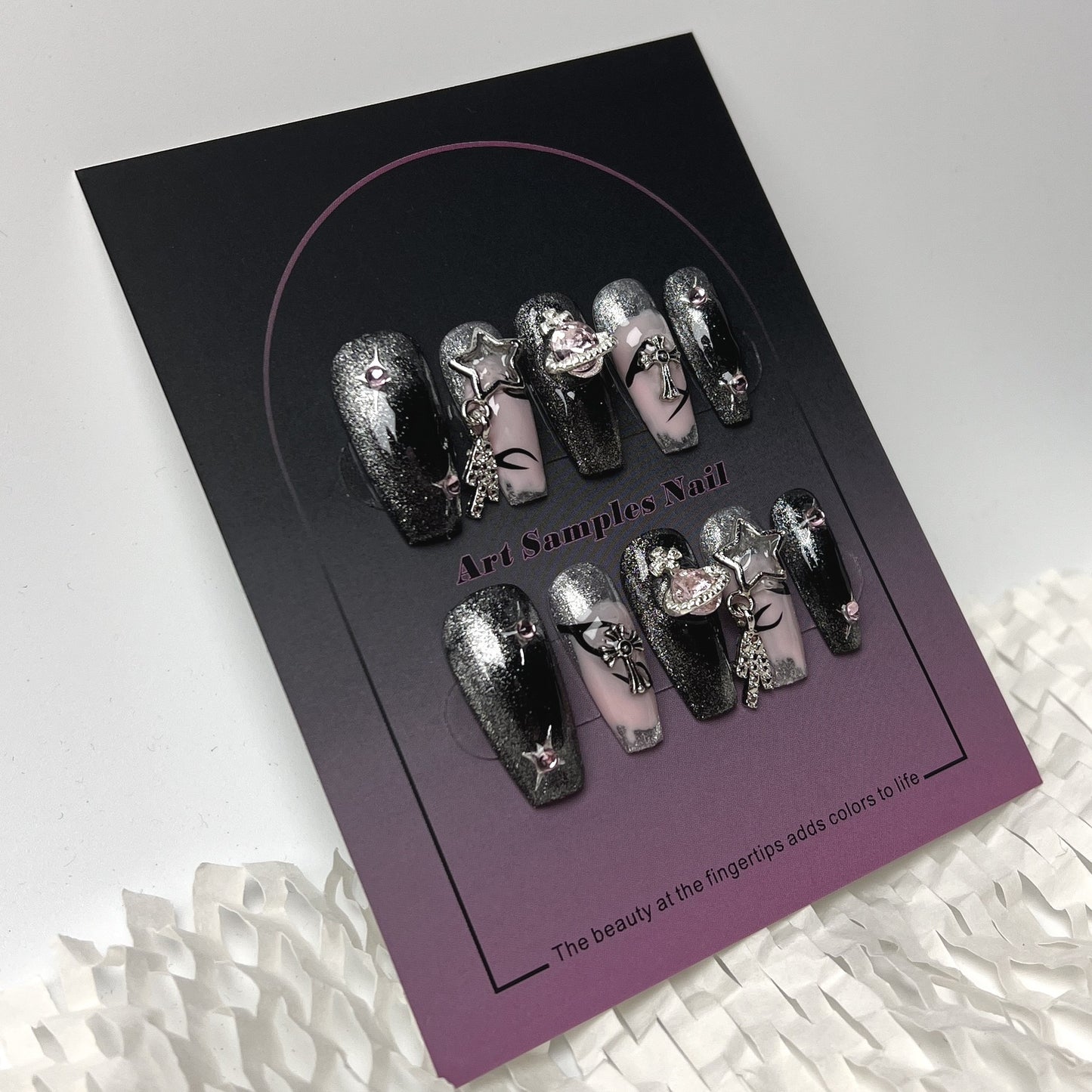 10Pcs Black Handmade Press On Nails Coffin Fake Nails Full Cover Gradient Metal Contrast Artificial Manicure Wearable Nail Tips